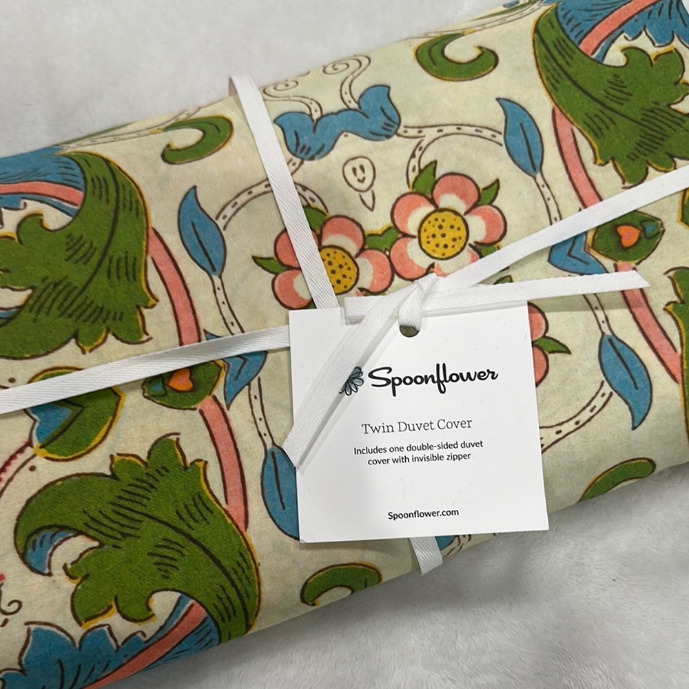 Spoonflower Twin Duvet Cover - Floral Design in Green, Blue, and Pink